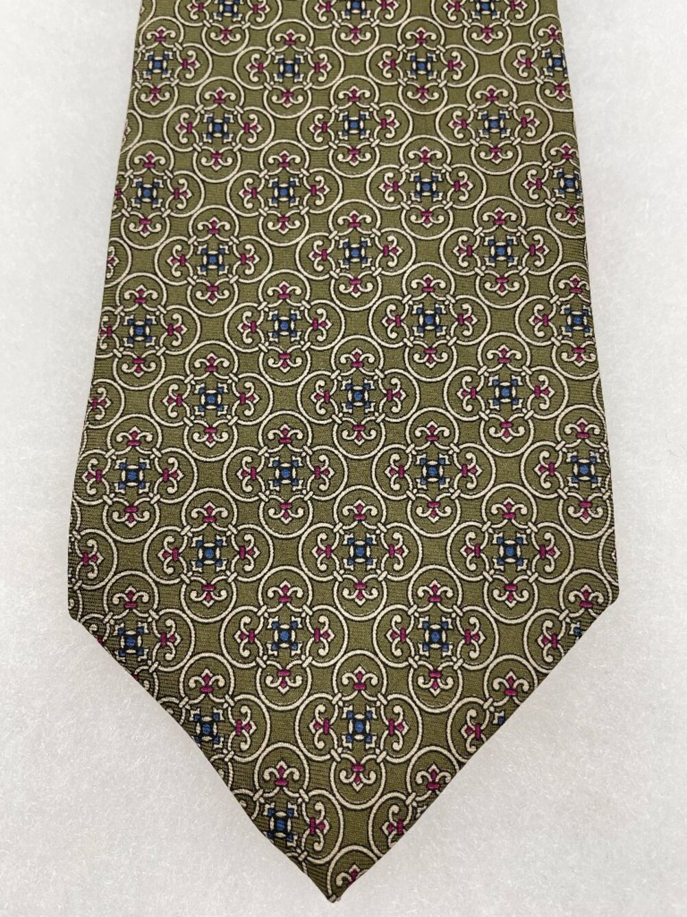 Bert Pulitzer Silk Tie Olive Green Medallion Geometric Burgundy Made in USA